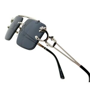 Rimless Rectangle Sunglasses Silver Frame Fashion Tinted Men Dark Black Lens New